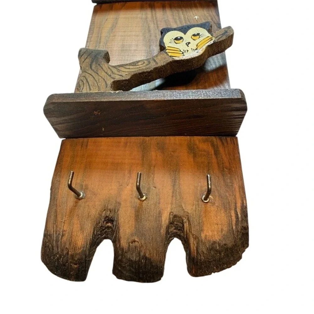 Vintage 1970s Night Owl‎ 3-Teir Wood Wall Letter Key Holder Rack